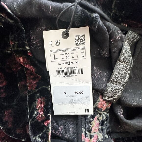 NWT Zara L The Charlotte black wide leg velvet floral trouser pants  Black Red - Picture 6 of 13